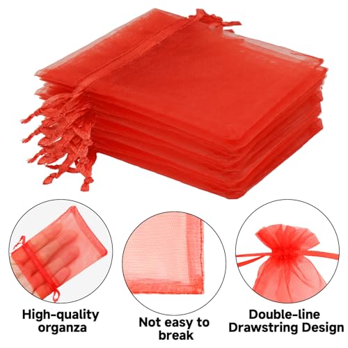 Image of joycraft 50Pcs Hot Red Organza Bags - 2.7x3.5 In Sheer Holiday Drawstring Mesh Pouch, Small Party Favor Bags for Halloween, Christmas, Small Business, Jewelry Diaplay