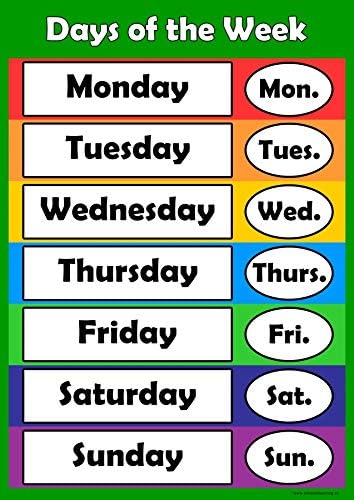 Days of the Week Poster Wall-chart Childrens Wall Chart Educational Childs Poster Art Print WallChart