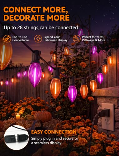 Image of 25FT LED C9 Orange and Purple Halloween String Lights Outdoor, 26 C9 Bulbs