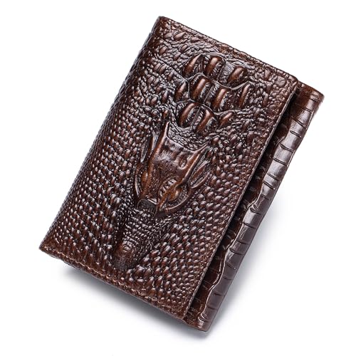 Steel Lion Genuine Cowhide Leather Men's Wallet - Crocodile-Embossed Design with Large ID Window, 15 Card Slots & Built-in Zippered Coin Pocket, Includes Anti-Theft Chain