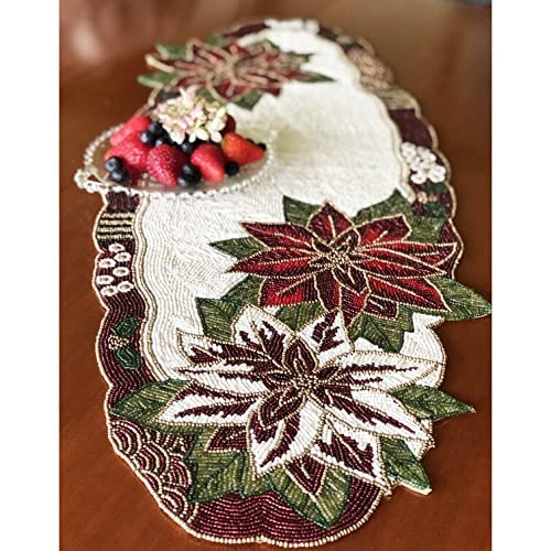 Image of MFU - Made For You Premium Glass Beaded Table Runner 13x36 Inch Cream Maroon Floral Design | Handmade Decorative Rectangular Table Runner for Dining Table, Center Table, Coffee Table, Home Decor