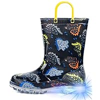 HugRain Boys Kids Wellies Wellingtons Boots Baby Child Light Up Rain Boots Toddler Waterproof Shoes Lightweight Black Dinosaur Cute Design with Easy On Handles and Insole (Size 12,black)