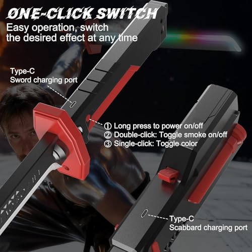 Image of BUQARO LED Sword with Smoke & Spark Effects, 7-Color Light Blade with Sound FX, Anime-Inspired Cosplay Katana for Roleplay, Halloween, Parties, Collectors, and Display
