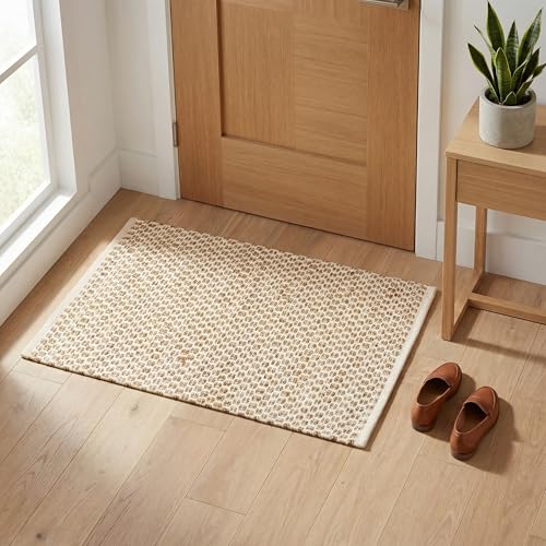 Jute Cotton Hand Woen Rug 2x3 Feet - Natural, Farmhouse Boho Neutral Fiber Floor Rugs Ideal for Entryway, Kitchen, Bedroom, Nursary Room | Beige Reversible Small Area Door Mat for Indoor Outdoor Use