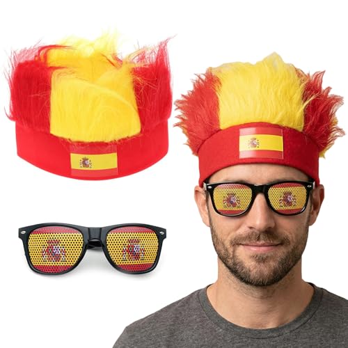 RVYEIOP Perruque Supporter Espagne et Lunettes de Fête - Kit Déguisement Homme Rouge et Jaune pour Match de Football, Carnaval et Soirée à Thème - Accessoires de Déguisement Drôle Adulte