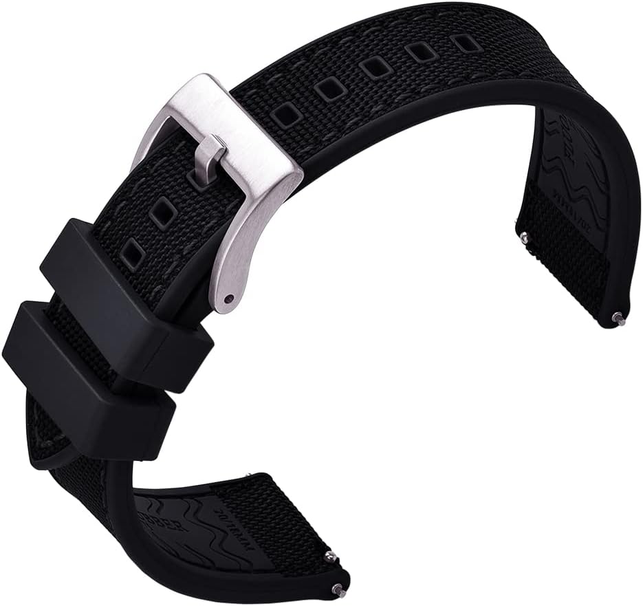 Premium Upgrades Soft Hybrid (Fkm/Fpm Rubber and Sailcloth) Watch Bands for Men,20mm 22mm Waterproof Quick Release Replacement Watch Straps,Silver/Black/Gold/Rose Gold Brushed Buckle