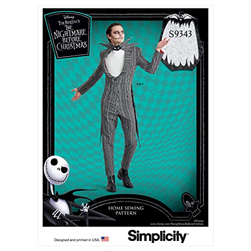 Simplicity SS9343BB Costume de Jack Skellington sous licence officielle avec veste doublée cintrée avec col châle et queues stylisées. Pantalon slim taille haute avec fermeture éclair latérale Cover