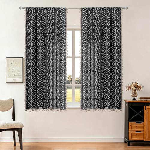 Image of Boho Curtains 63 Inch Long for Living Room, Bedroom, 2 Panels Floral Farmhouse Vintage Tassel Semi Sheer Light Filtering Privacy Window Curtain Drapes with Rod Pocket,Black