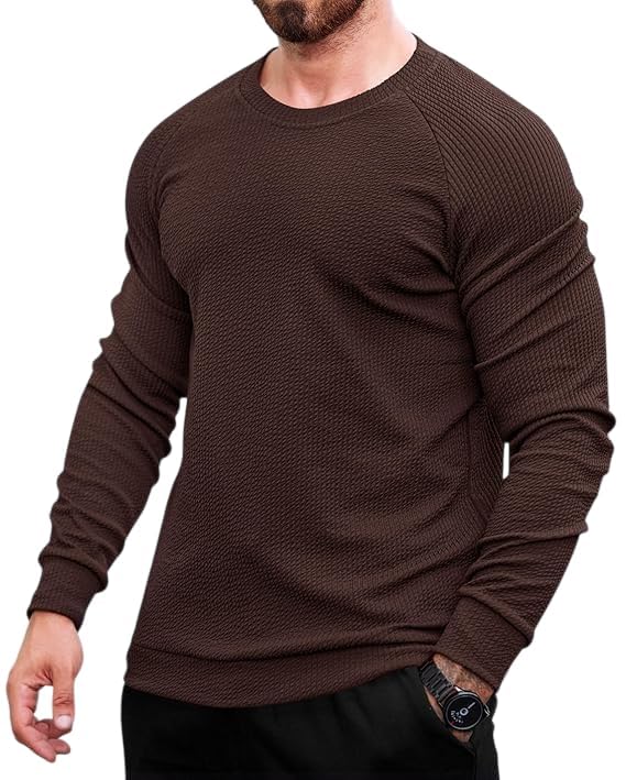 Men's Brown Textured Knit Crew Neck Sweater, Long Sleeve Pullover-picture-19
