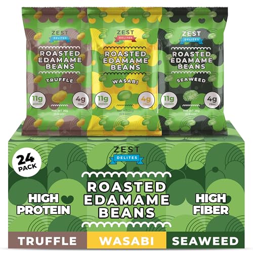 Crunchy Dry Roasted Edamame Beans Snack by Zest Delites, Truffle - Seaweed - Wasabi, Vegan, Low Calorie (120cal) High Protein Snacks (11g), Low Carb, Keto, 0.9 oz 24 Packs