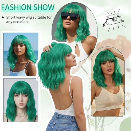 Image of Pastel Green Wavy Bob Wig for Women, Short Shoulder Length Synthetic Wig with Bangs, Natural Looking Lightweight Hairpiece for Gift & Cosplay Costume Party