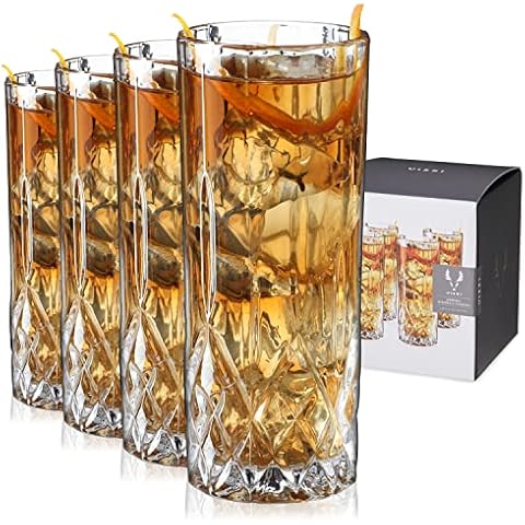 Viski Admiral Highball Glasses - Cut Crystal Drinking Glasses - Tall Cocktail Glasses 9oz Set of 4 Cover