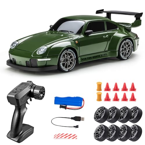 RC Drift Car, 1:24 Scale Remote Control Vehicle with LED Lights, 2.4GHz 4WD High Speed RC Cars, Drifting Tires＆Two Speed Modes, Racing Sports Toy Gift for Adults Boys Girls (Green)