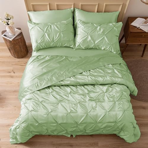 MR&HM Satin Comforter King 7 Pieces - Luxurious Pinch Pleat Bedding Set with Comforter, Flat Sheet, Fitted Sheet, Pillowcases & Shams, Super Silky Soft Bed Set for All Season (King, Light Sage)