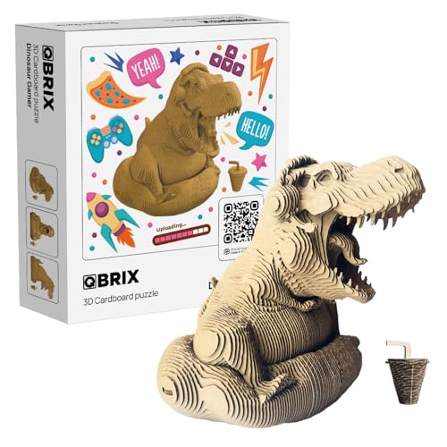 Image of QBRIX Dinosaur Gamer 3D Puzzle for Adults, DIY Craft Kit for Home Decor, 3D Model Kit for Teens 14+, Creative and Original Gift for Craftlovers, Cardboard Model Building Kit