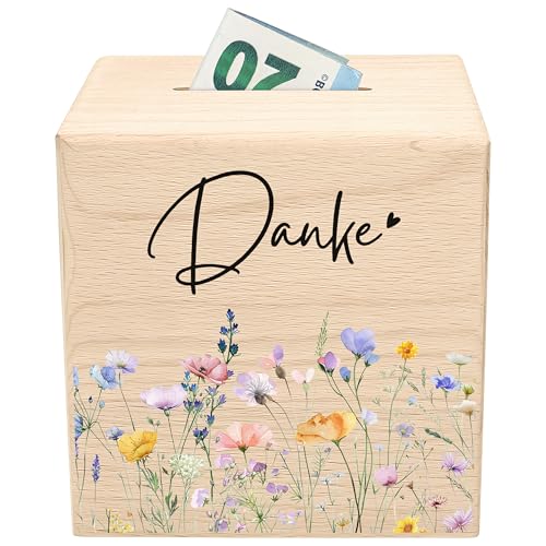Trinkgeldkasse Wildblumen Danke Kaffeekasse Spardose aus Holz Trinkgeld Sparkasse Holzspardose