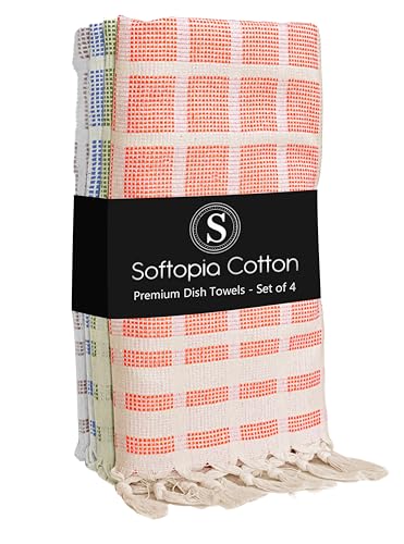 Image of Matrix Dobby Kitchen Towels Set of 4, 100% Cotton, Combo Pack, 16 inchx26 inch, Absorbent Tea Towels with Handmade Tassels, Reusable Cleaning Cloths - Orange, Mint Green, Sky Blue, Beige