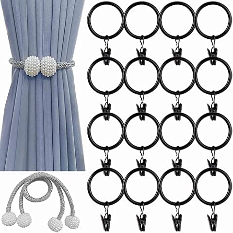 ITME 16 Pack Curtain Clips Rings with 2 Pack Magnetic Curtain Tiebacks, 35mm Internal Diameter Black Metal Decorative Rustproof Curtain Rod Hanging Rings with Convenient Curtain Rope Holdback Holder Cover