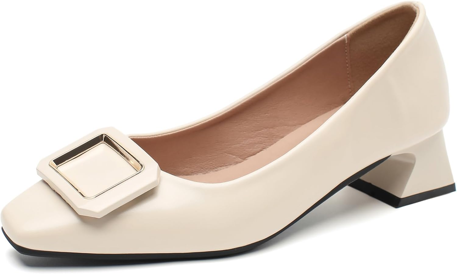 Women's Square Toe Low Block Heel Pumps Premium Leather Slip On Dress Shoes for Office Casual Wear