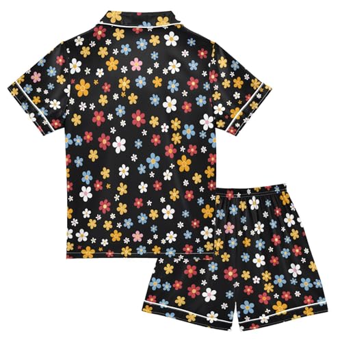ALAZA Cartoon Flower Blossom Print Pajamas Satin Pajama Set Short Sleeve Button Down Sleepwear2