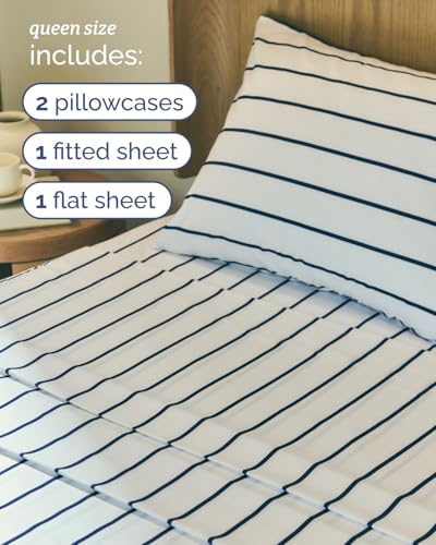 Image of Queen 4 Piece Striped Sheet Set - Soft, Breathable & Cooling - Navy Stripe