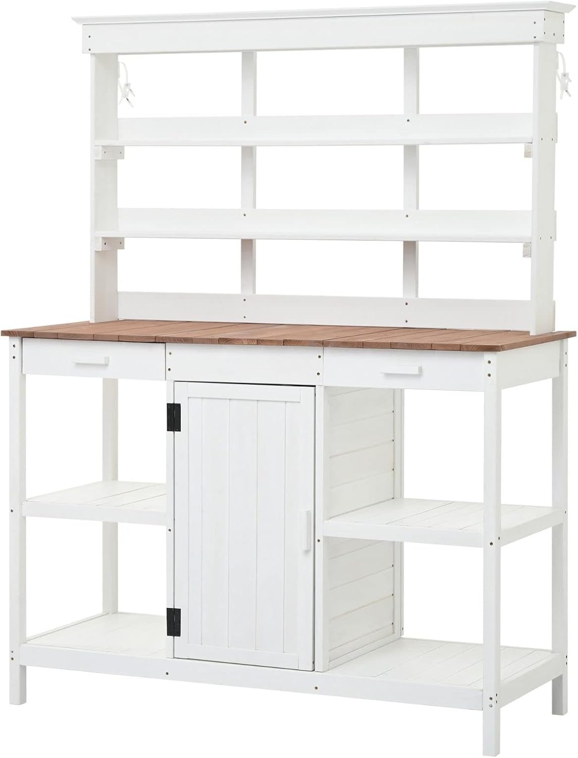Garden Wooden Potting Bench Table with Storage Cabinet and Open Shelves, 66 inches Tall Outdoor Workstation Table, Anti-Tipping Device