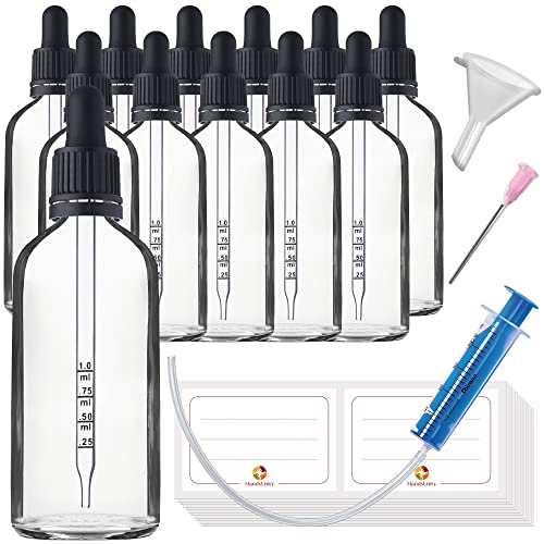 HandsUnity 100ml-12 piezas Frasco de Vidrio Para Pipetas - Juego de Frascos de Farmacia de Vidrio Transparente con Tapa de Pipeta Negra incluye 29pcs Accesorios Auxiliares Frascos Vidrio Claro