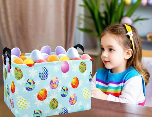 Image of Rectangle Empty Easter Baskets Boy Large Toy Storage Bin Girls collapsible Hamper Waterproof Canvas Box Kid Gifts Spring Decor( Blue Creative Egg )