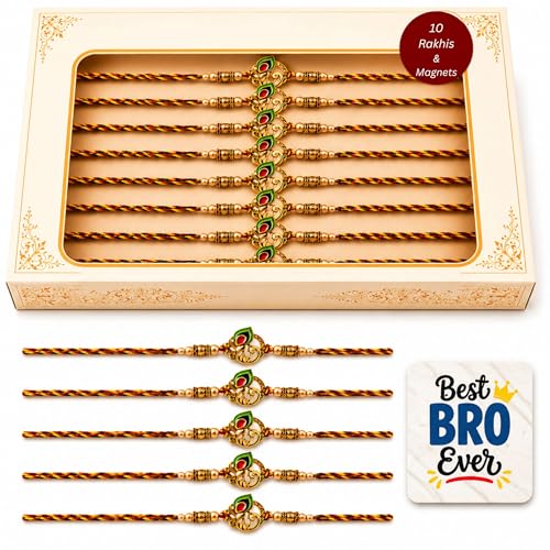 Image of eCraftIndia Pack of 10 Golden Peacock Colorful Feathers Designer Rakhi for Brother Bhaiya Bhai | 10 Best Bro Ever Fridge Magnets | Roli Chawal Pack | Raksha Bandhan Gift Set
