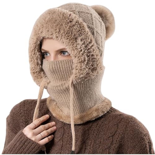 レディース 冬用 ニット帽 ニットキャップ バラクラバ 一体化セット ネックウォーマー/フェイスカバー 防寒防風 暖かい 頭囲 53-58cm (カーキ)