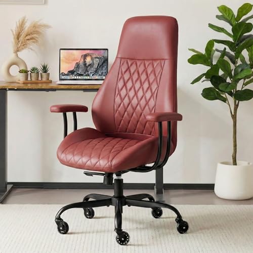 Image of E-Motie Leather Office Chair, Mid Century Modern Desk Chair, Red | Ergonomic, Lumbar Support, 360 Swivel & Rolling Wheels, Adjustable Height, for Adults & Women