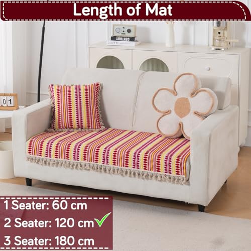 Image of HOKIPO 'Artisan Boho Series' Sofa Cover Mat with Tassel for 2 Seater Sofa | 450 GSM Thick Cotton Acrylic Jacquard Fabric, Ruby Red (IN-902-A6*S)