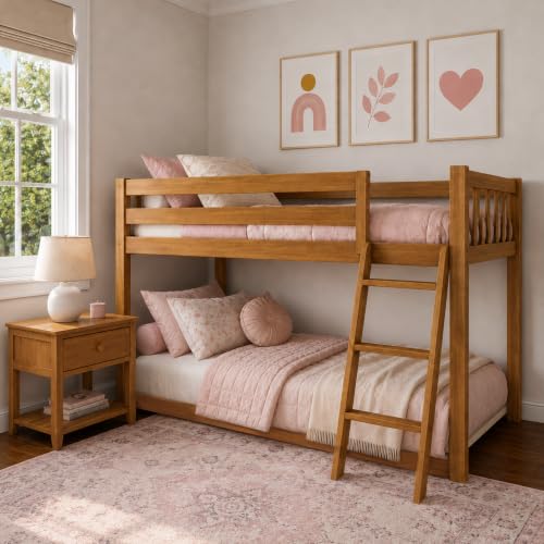Image of Max & Lily Fundamental Twin Low Bunk Bed, Kids Solid Wood Modern Bed Frame with Strong Wooden Slats, Non-Toxic Finishes, High Weight Capacity, Pecan