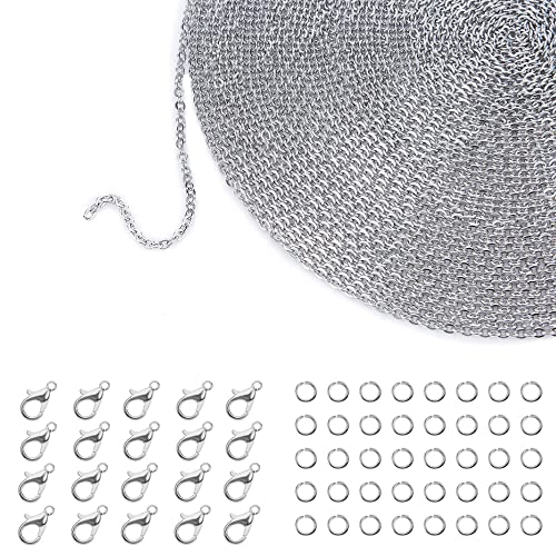 LICQIC Edelstahl Kabel Kette für Schmuck Zubehör DIY - 12 Meter Link Kette Gliederkette Halskette, mit 20 Karabiner Verschlüsse und 40 Sprung Ringe Cover