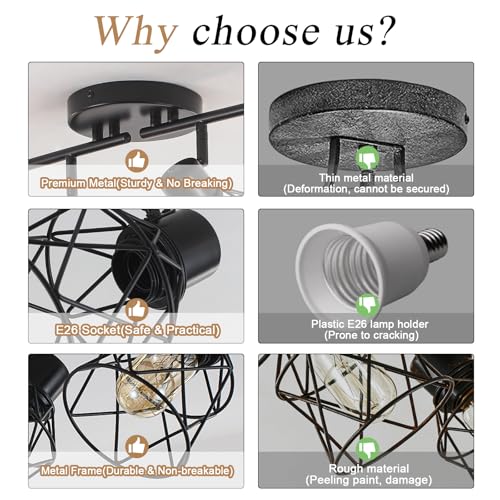 Image of 6 Lights Adjustable Multi-Directional Black Light Fixtures, Semi Flush Mount Ceiling Light, Kitchen Light Fixtures, Track Lighting Fixtures Metal Cage Industrial Spotlight Fixtures for Dining Room