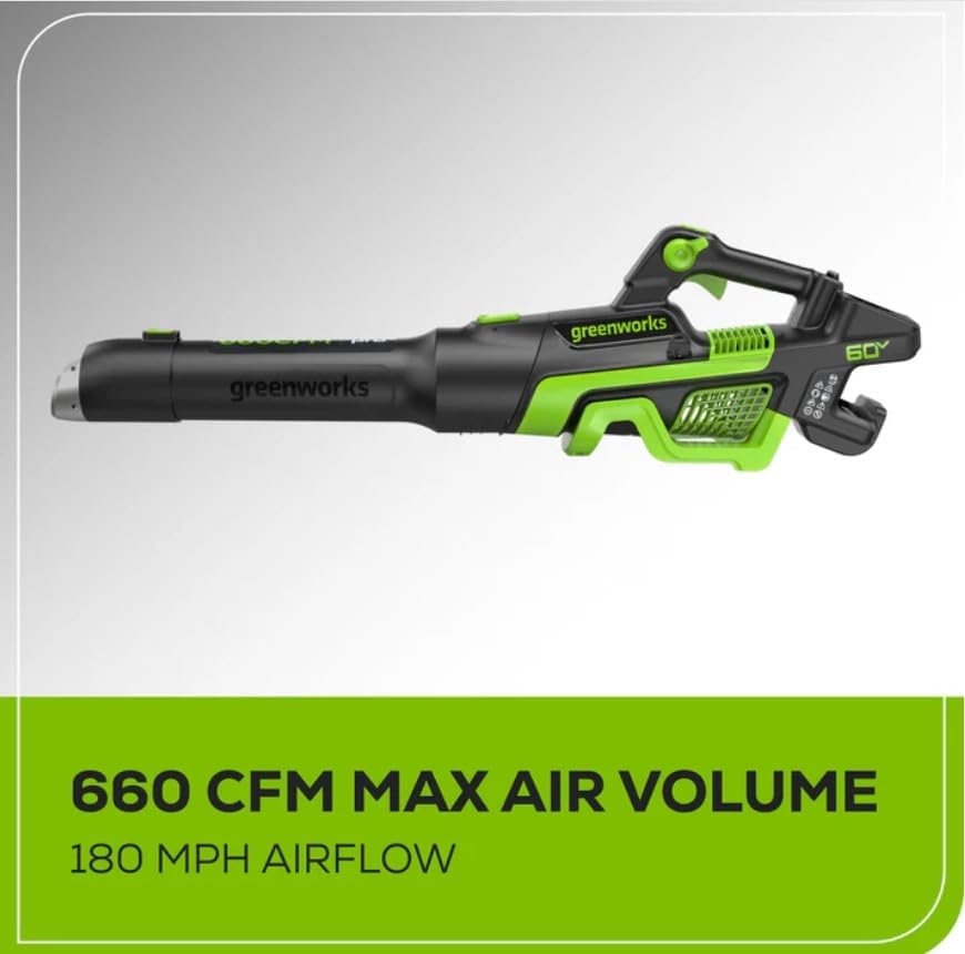 Greenworks Pro 60-Volt Max Leaf Blower showing 660 CFM and 180 MPH