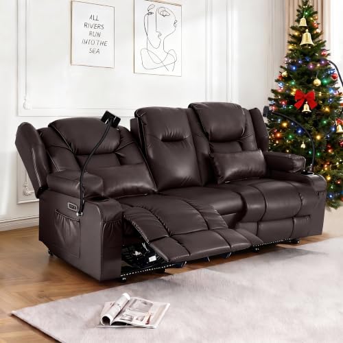 Image of Power Recliner Loveseat for Living Room, Loveseat Sofa with Center Console, USB Type-C Port, Leather Chair with Vibration Massage and Heat, Speaker Oversized Recliner Chair for Home Theater (Brown)