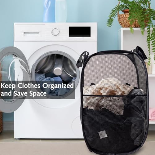 Folding Laundry Basket Mesh Collapsible Laundry Baskets, Pop up Laundry Hamper Bins, Folding Washing Basket with Handles Foldable Laundry Basket for Clothes Tidy Storage (Black) - Image 2