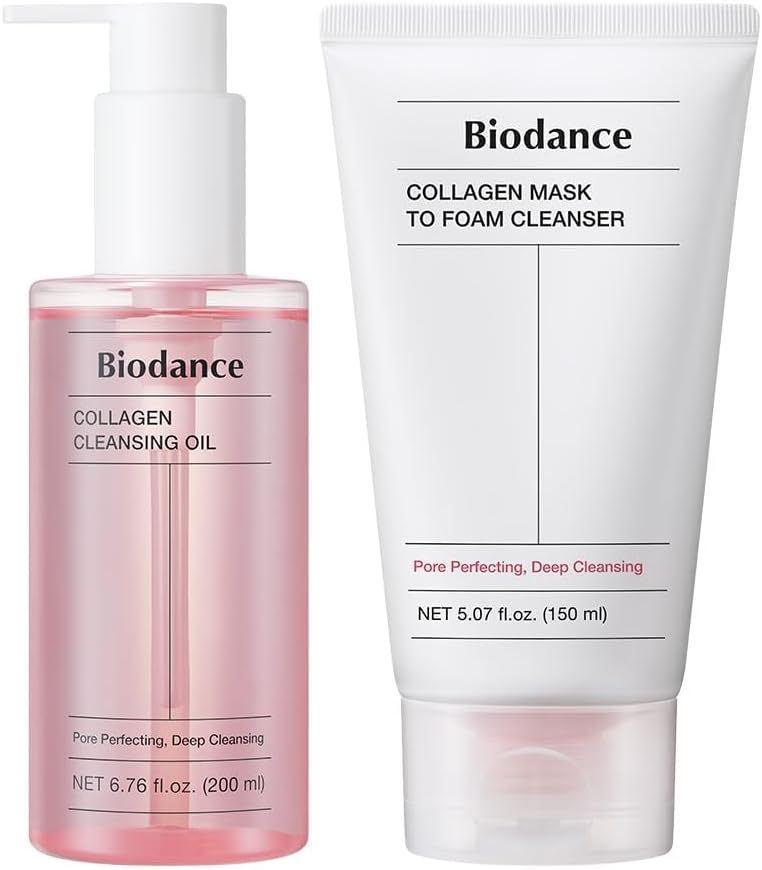 Collagen Double Cleansing Duo: 2-in-1 Pore Mask to Foam Cleanser & Gentle Cleansing Oil Double Cleanser Set, Facial Wash and Makeup Remover for Sensitive Skin, Korean Skin Care