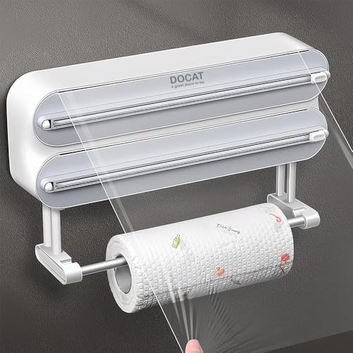 Image of DOCAT Foil Paper Cutter and Holder, 3 in 1 Magnetic Aluminum Foil and Plastic Wrap Organizer with Paper Towel Holder, Compatible with Cling Film, Tin Foil and Wax Paper Dispenser (White)