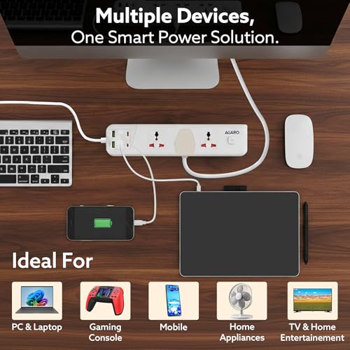 Image of AGARO Regal Extension Board, Power Strip, 3 Universal Sockets, 4 USB + 2 Type-C Fast Charge, 2500W, 6ft Heavy-Duty Cord, Overload & Surge Protection, Master Switch, Multi-Device Charge for Home /Office