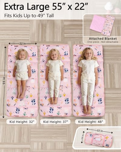 Image of Primlect Thickened Toddler Nap Mat with Removable Pillow and Minky Blanket, Extra Large 55''x35'' Sleeping Bag, Washable, Roll up, Perfect for Daycare, Preschool, Kindergarten, Boys and Girls Pink Fox