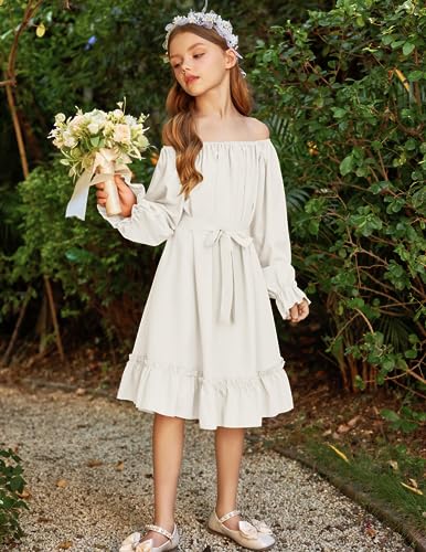 Arshiner Girls Long Sleeve Dress Holiday Party Casual Ruffle Flowy Swing Midi Dresses 5-14 Years2