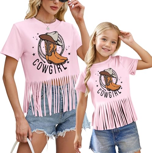 Western Shirts for Women Cowgirl Boots Hat Shirt Mom and Daughter Matching Outfits Vintage Cowgirl Fringe Tops Short Sleeve2