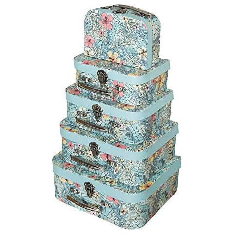 Soul & Lane SLPR Decorative Storage Cardboard Suitcase Boxes with Handles (Set of 5, Hibiscus) | Nesting Gift Boxes with Lid for Keepsake Toys Photos Memories Closet Nursery Office Bedroom Decoration Cover