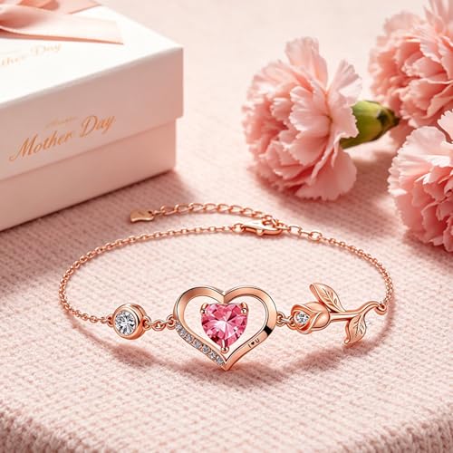 Image of 1CT Rose Heart Bracelet Moissanite Lab-Grown Sapphire Ruby Emerald&More 18K White Rose Gold Plated Anniversary Birthday Gift for Wife Girlfriend Mom Daughter Mothers Day Gift for Mom