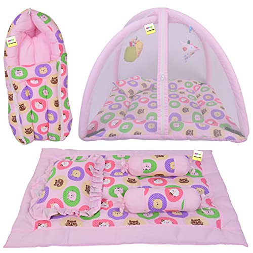 Image of Kwitchy New Born Baby Bedding Combo of Mattress with Net | Sleeping Bag | 4 Pcs Gadda Set (0-6 Months) Pink (3PCS Set)