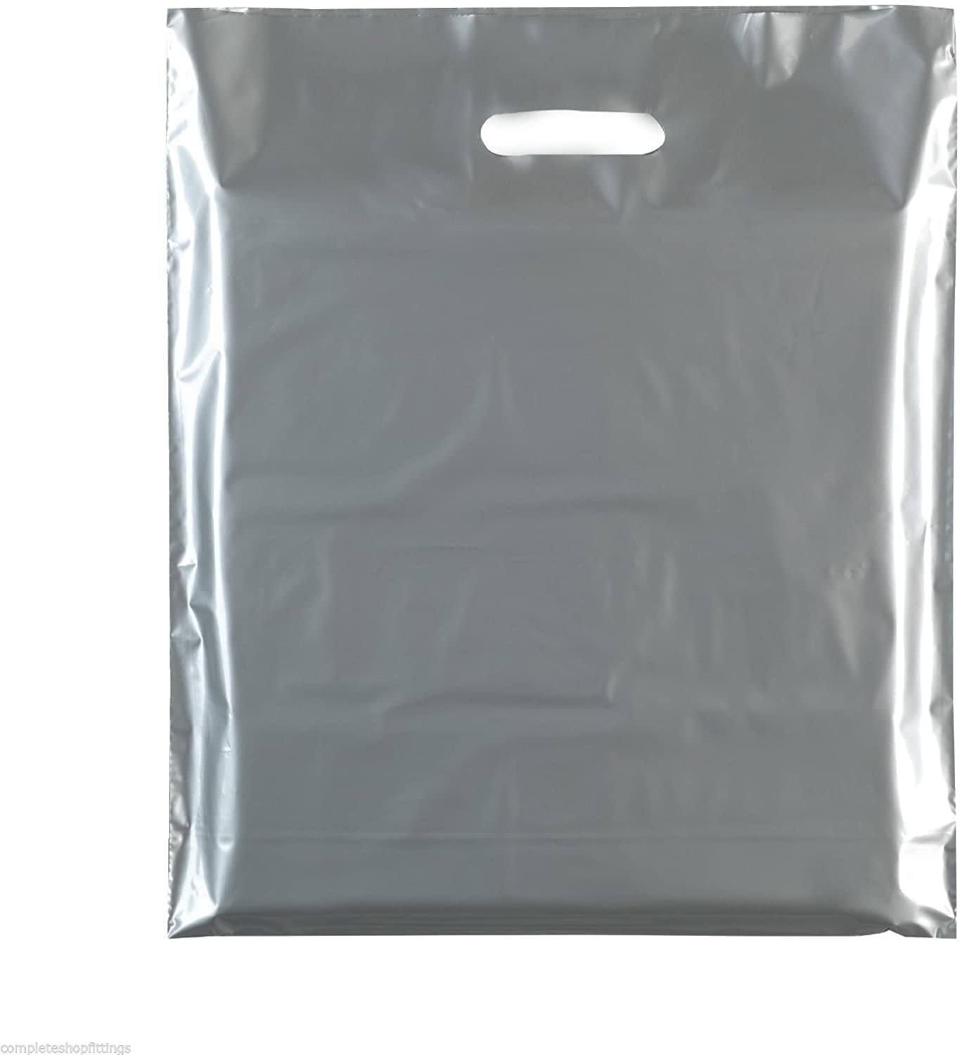 SILVER HEAVY DUTY STRONG COLOREDFULL PLASTIC CARRIER PATCH HANDLE BAGS, PARTY, BOUTIQUE GIFT BAGS IN 4 SIZES (LARGE 18 X 22 INCH)