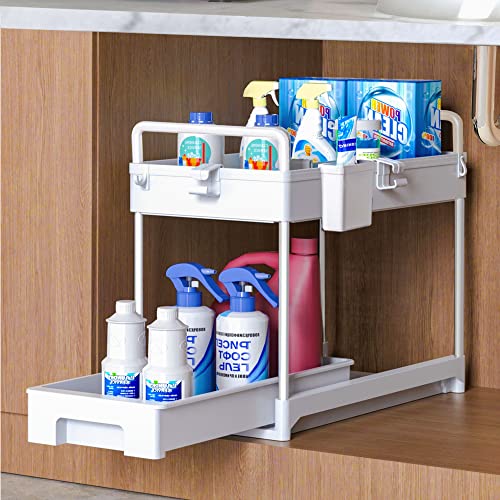 SAMODRA Bajo fregadero organizadores y almacenamiento, estante de almacenamiento de cocina, cajón de 2 niveles, armario, bricolaje, separadores extraíbles (blanco) Cover