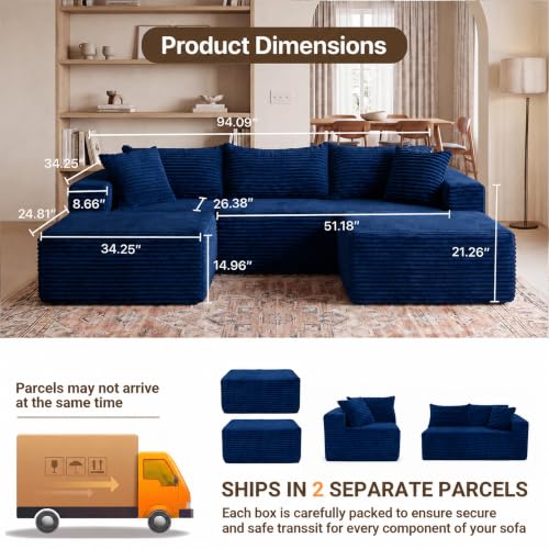 Image of Claiks 94 inch Boneless Couch, U-Shape Corduroy Sectional Sofa, Blue